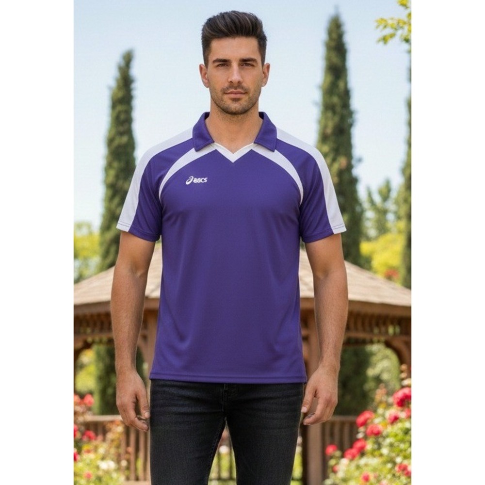 Basics Men's Athletic V-Neck Polo Shirt Size L Colorblock Purple White USA Golf